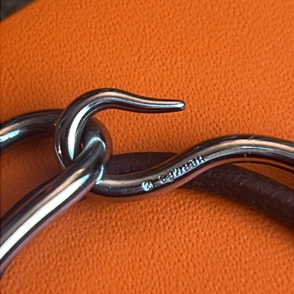 Hermes Hook Bracelet Jumbo Metal Logo Silver Color Brown Leather Chocker 15" - Picture 3 of 13